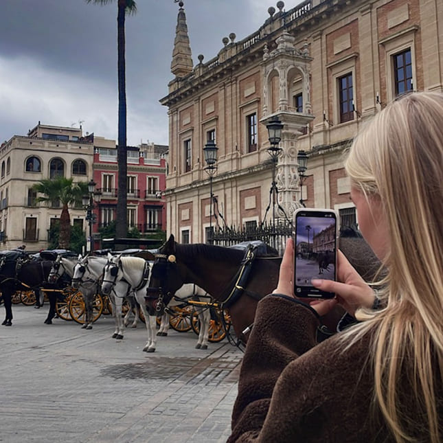 Venninne tar bilder av hester i gatene i Cadiz.